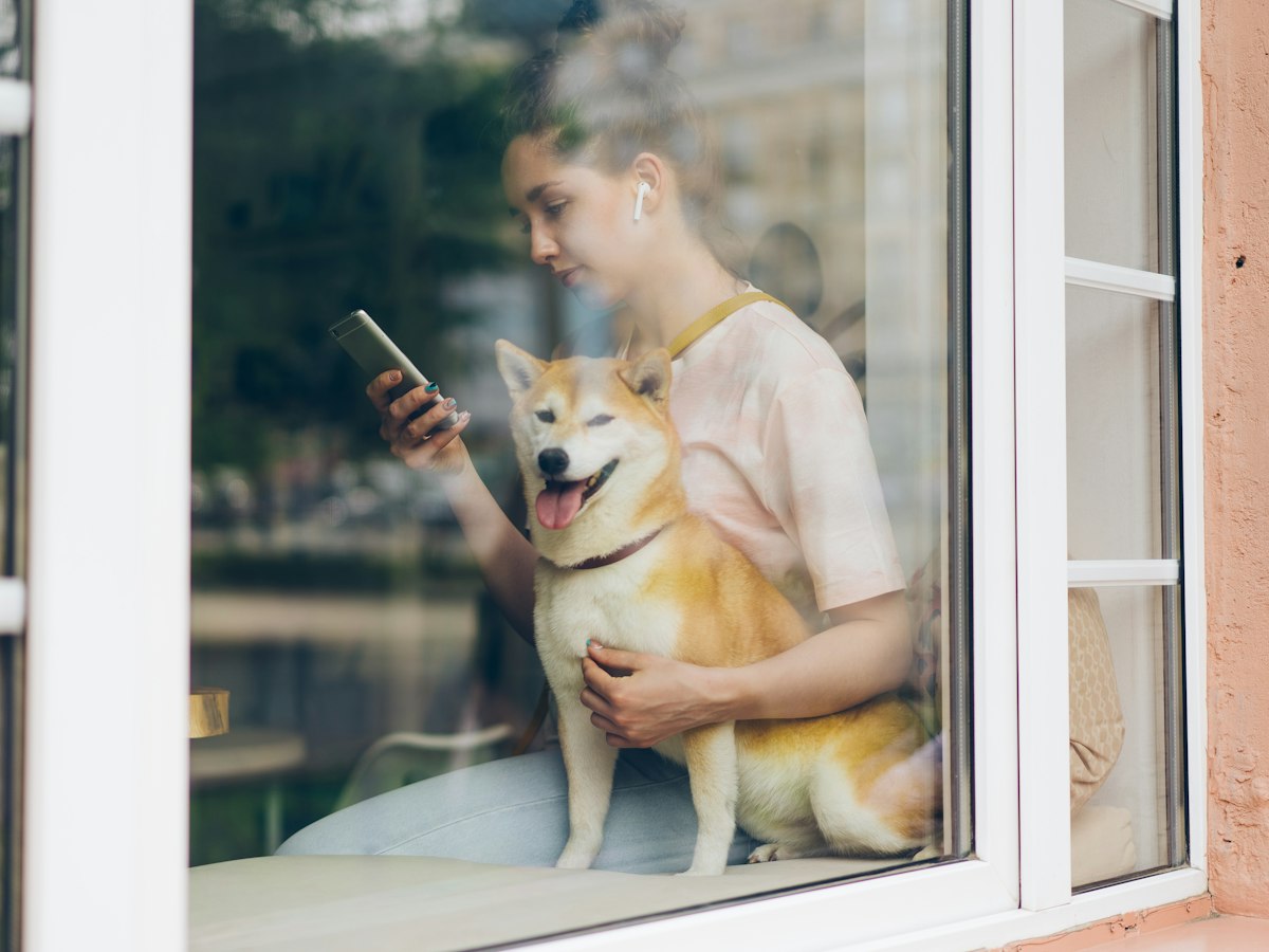 Persona con su perro mirando el móvil
